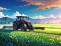 Red Tractor in Vibrant Field at Sunset [GenerativeAI] Royalty Free Stock Photo